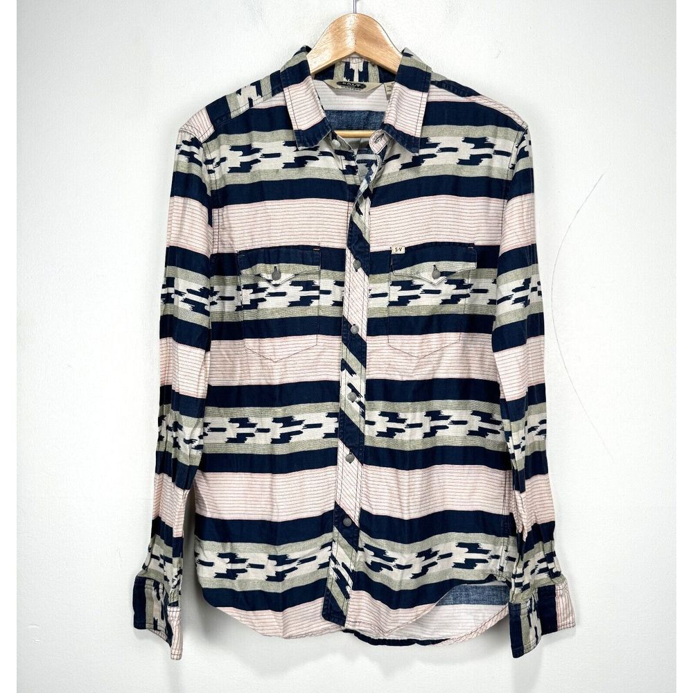 Salt Valley Southwestern Aztec Metal Button Shirt Men Medium White Pink Blue